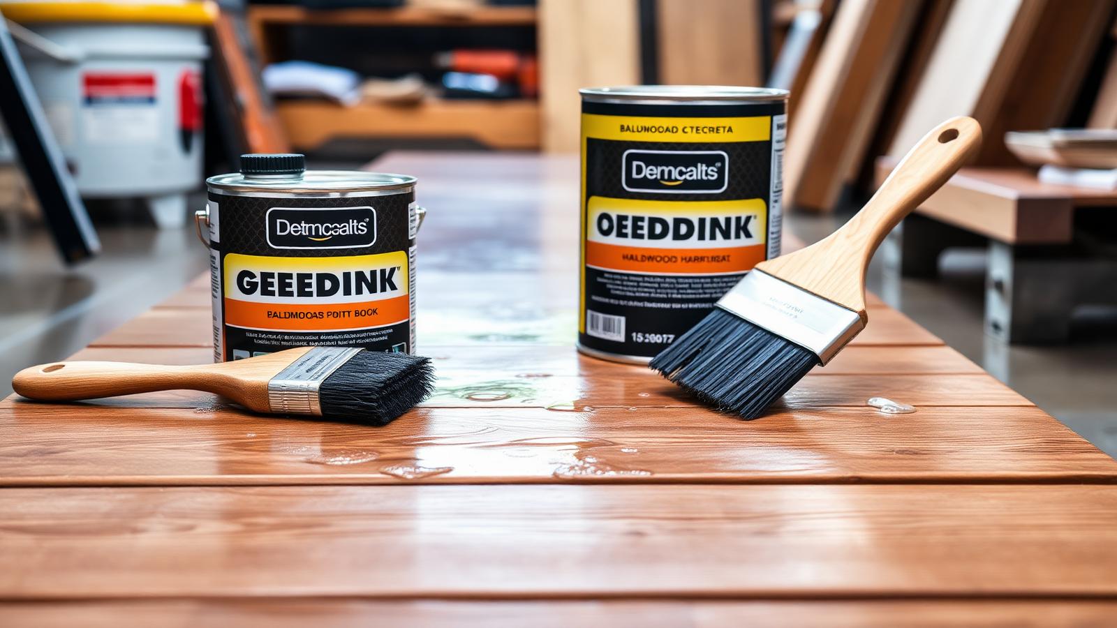 Vlonderolie kopen — Vlonderhoud Professionele vlonderolie in blikken met kwast op vers geoliede hardhouten planken