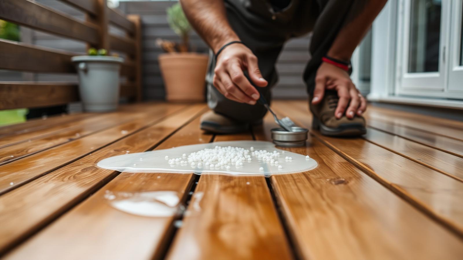 Vlonder antislip maken door Vlonderhoud Vakman brengt transparante antislip-coating met glasparels aan op een houten vlonder — Vlonderhoud
