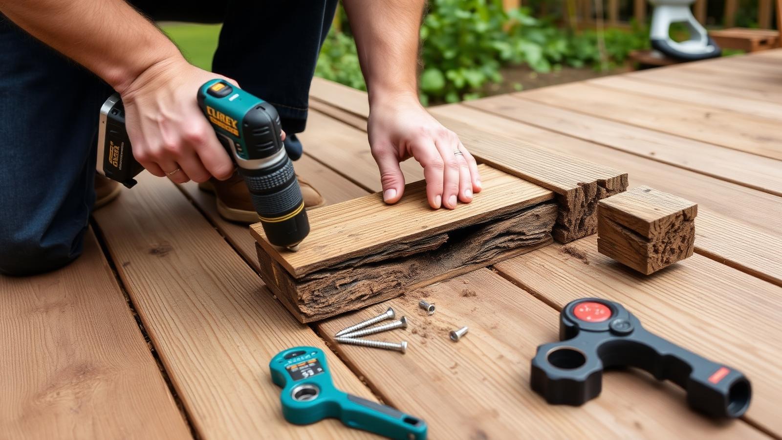 Vlonder repareren door Vlonderhoud Rotte vlonderplank wordt vervangen met RVS-schroeven en cordless boormachine — vlonder repareren door Vlonderhoud