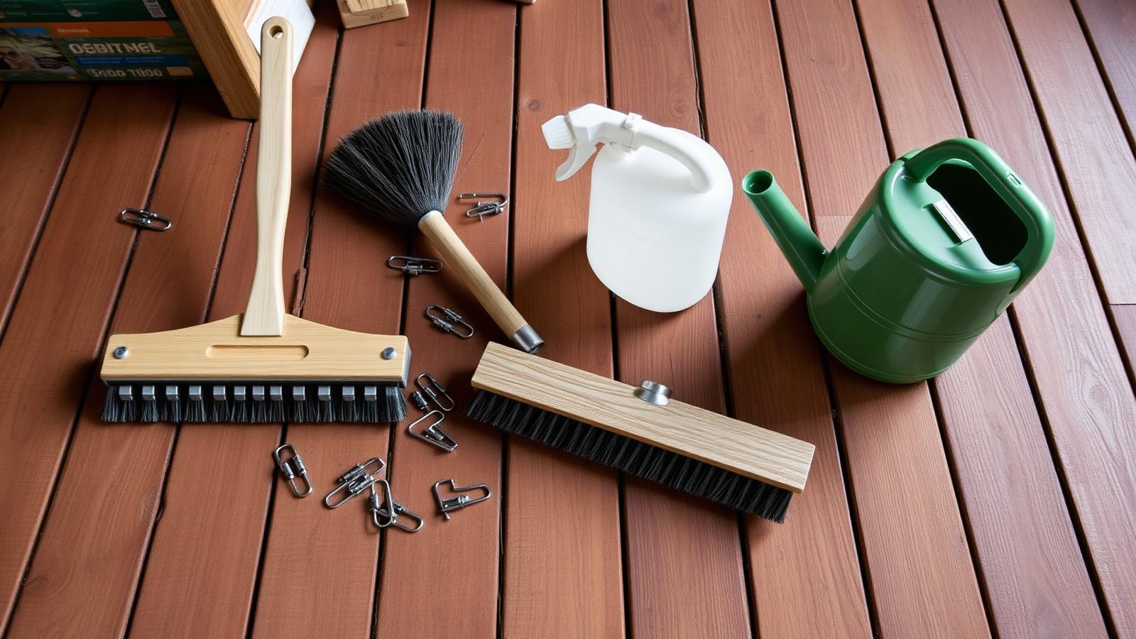 Vlonderaccessoires kopen — Vlonderhoud Vlonderaccessoires: RVS clips, luiwagen, sprayer en gieter op hardhouten vlonderplanken