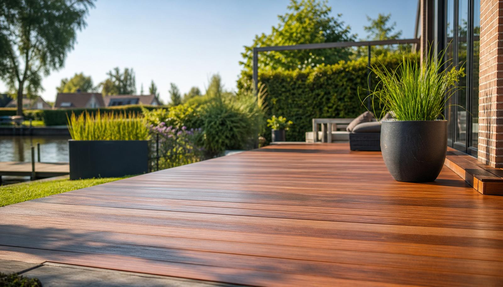 Uw vlonder in optimale conditie Goed onderhouden houten vlonder in een groene tuin aan het water