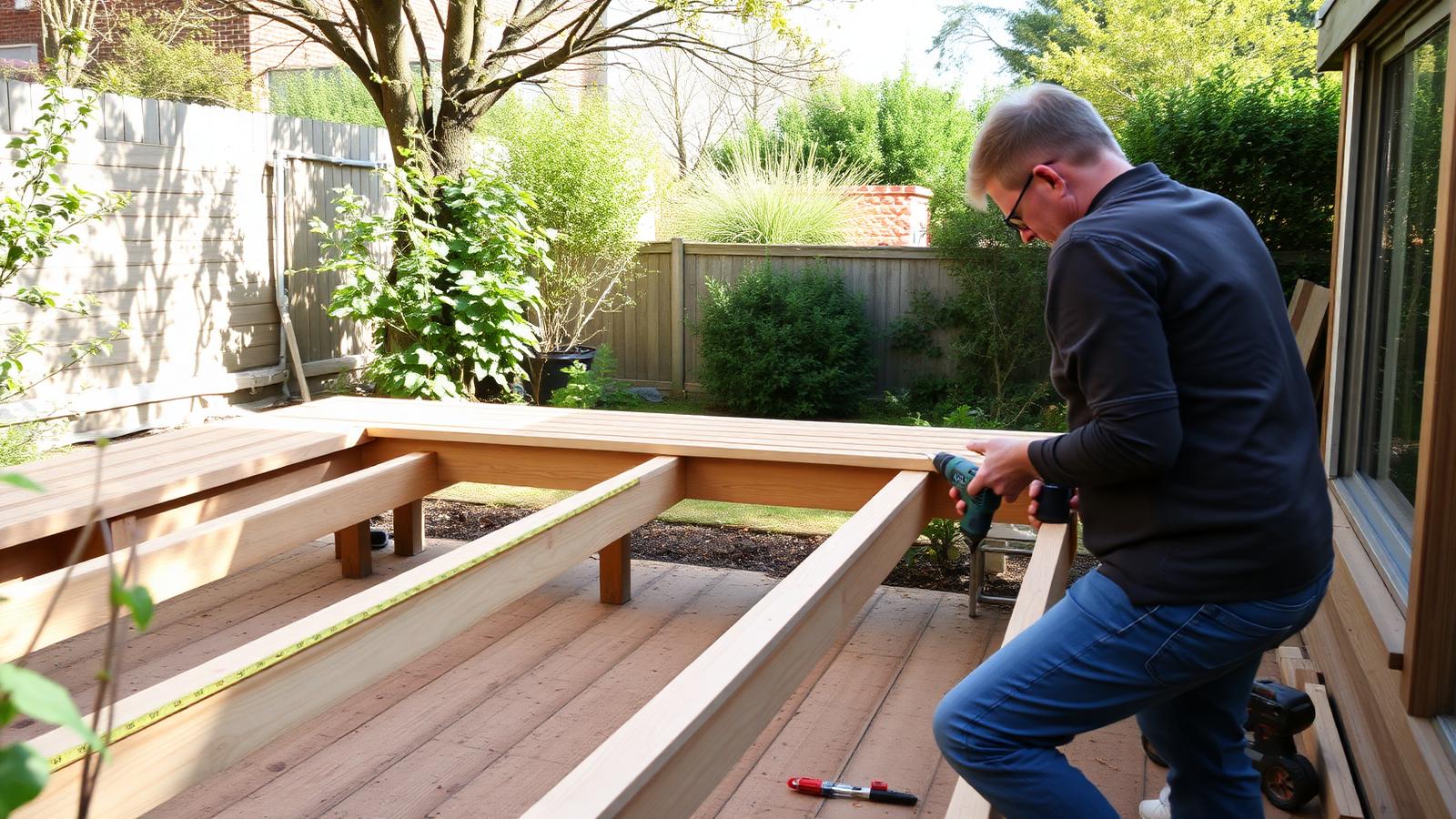 Vlonder laten plaatsen door Vlonderhoud Nieuwe houten vlonder wordt geplaatst op rotbestendige onderconstructie in achtertuin