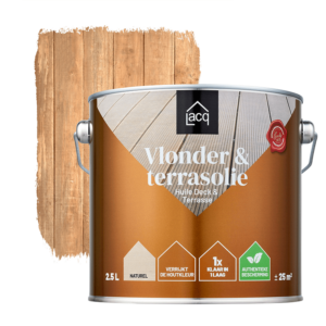 Blik Lacq Vlonder & Terrasolie Naturel 2,5 liter – beschermt houten vlonders en terrassen tegen vergrijzing en vocht.