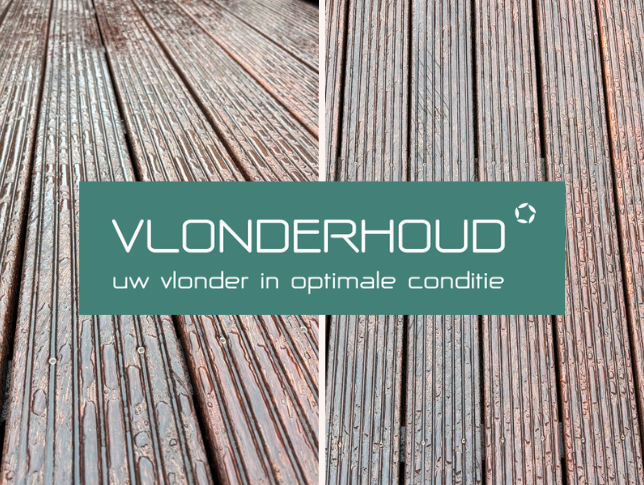 Houten vlonderplanken met waterdruppels die op het oppervlak blijven liggen dankzij waterafstotende vlonderolie.